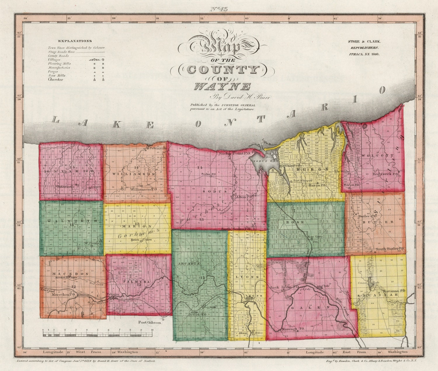Vintage Map of Wayne County, New York 1840
