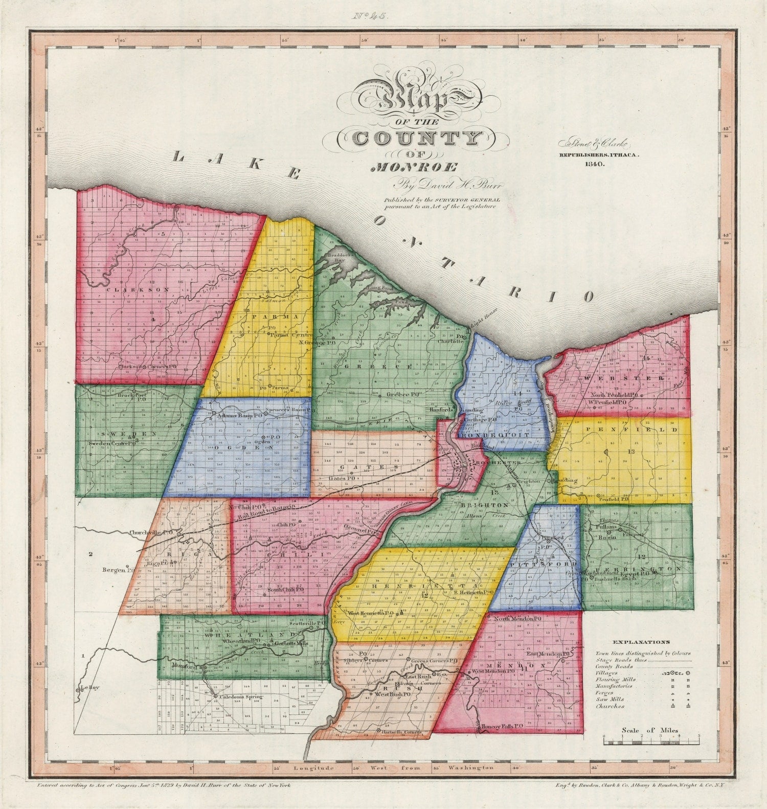 Vintage Map of Monroe County, New York 1840