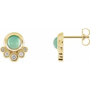14K Yellow Gold  Natural Green Chrysoprase  & 1/8 CTW Natural Diamond Earrings