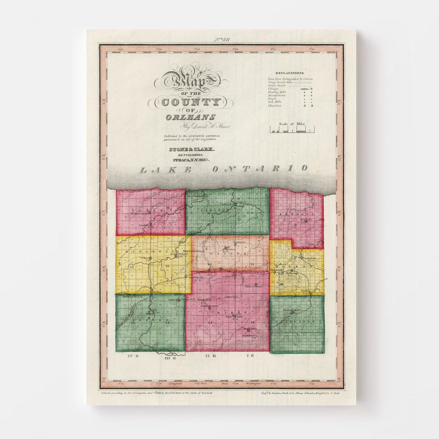 Vintage Map of Orleans County, New York 1840
