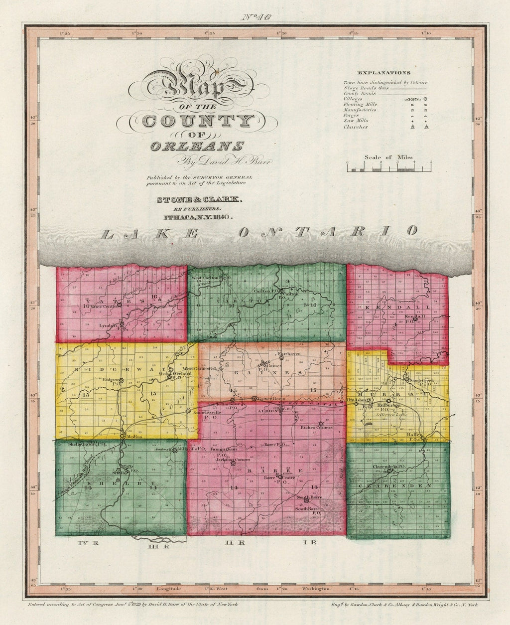 Vintage Map of Orleans County, New York 1840