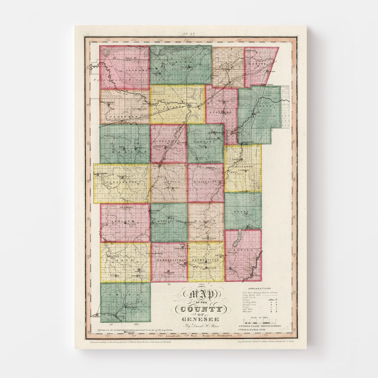 Vintage Map of Genesee County, New York 1839