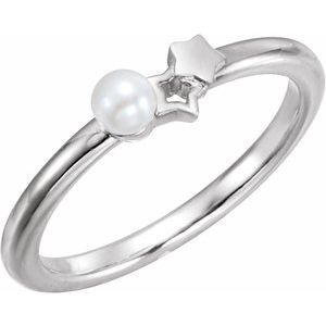 Platinum Cultured White Freshwater Pearl Youth Double Star Ring
