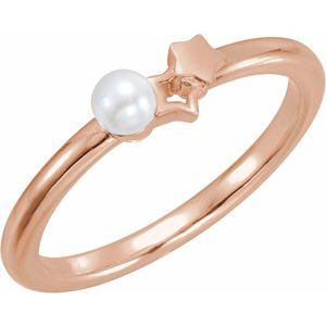 14K Rose Gold Cultured White Freshwater Pearl Youth Double Star Ring
