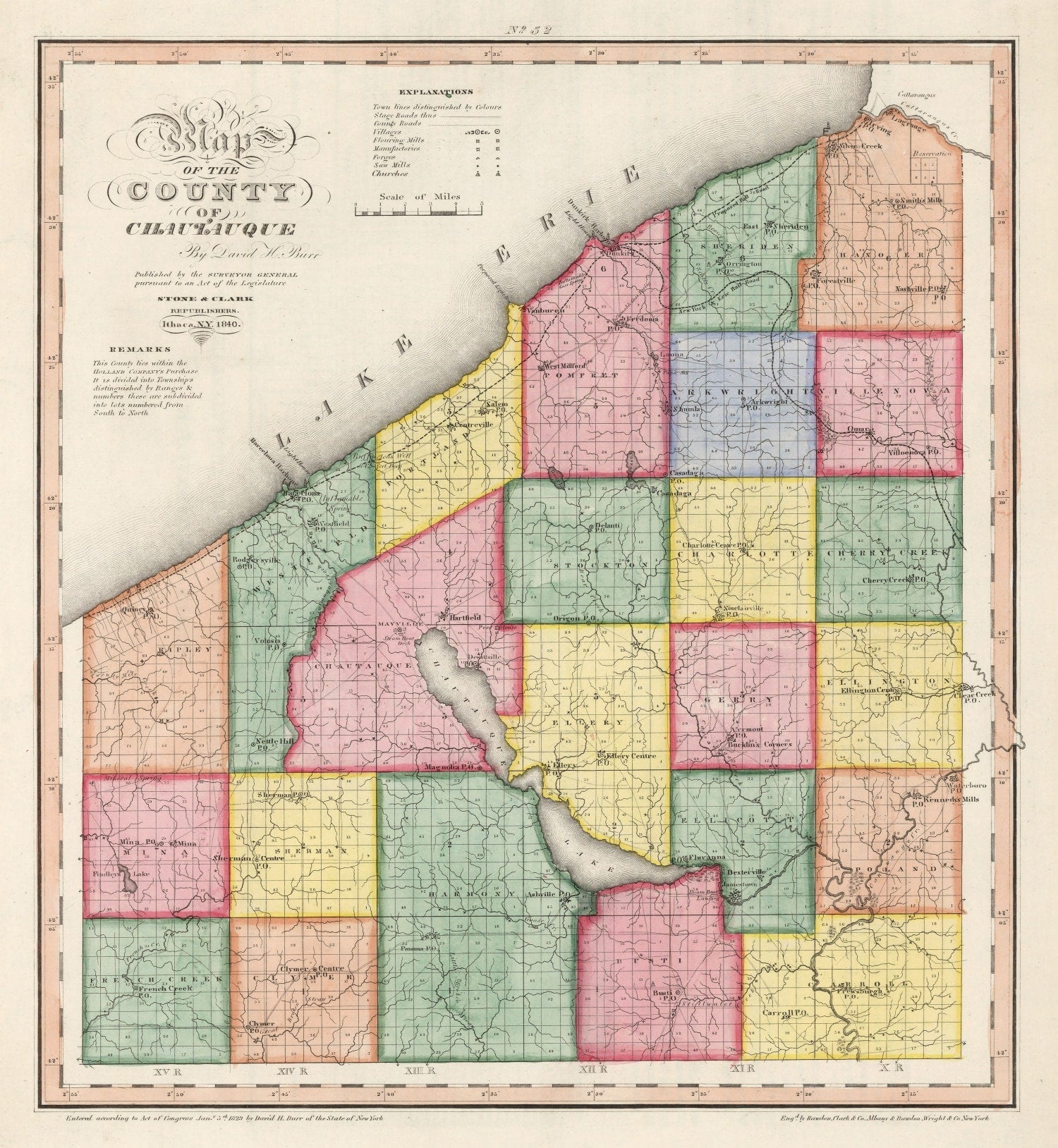 Vintage Map of Chautauqua County, New York 1840