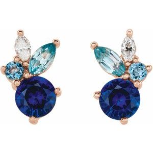 14K Rose Gold Natural Blue Sapphire, Natural Aquamarine, Natural Blue Zircon & .07 CTW Natural Diamond Earrings – image 2