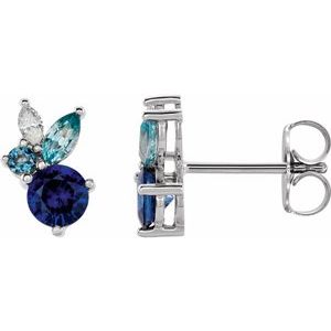 14K White Gold Natural Blue Sapphire, Natural Aquamarine, Natural Blue Zircon & .07 CTW Natural Diamond Earrings