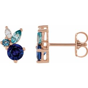 14K Rose Gold Natural Blue Sapphire, Natural Aquamarine, Natural Blue Zircon & .07 CTW Natural Diamond Earrings