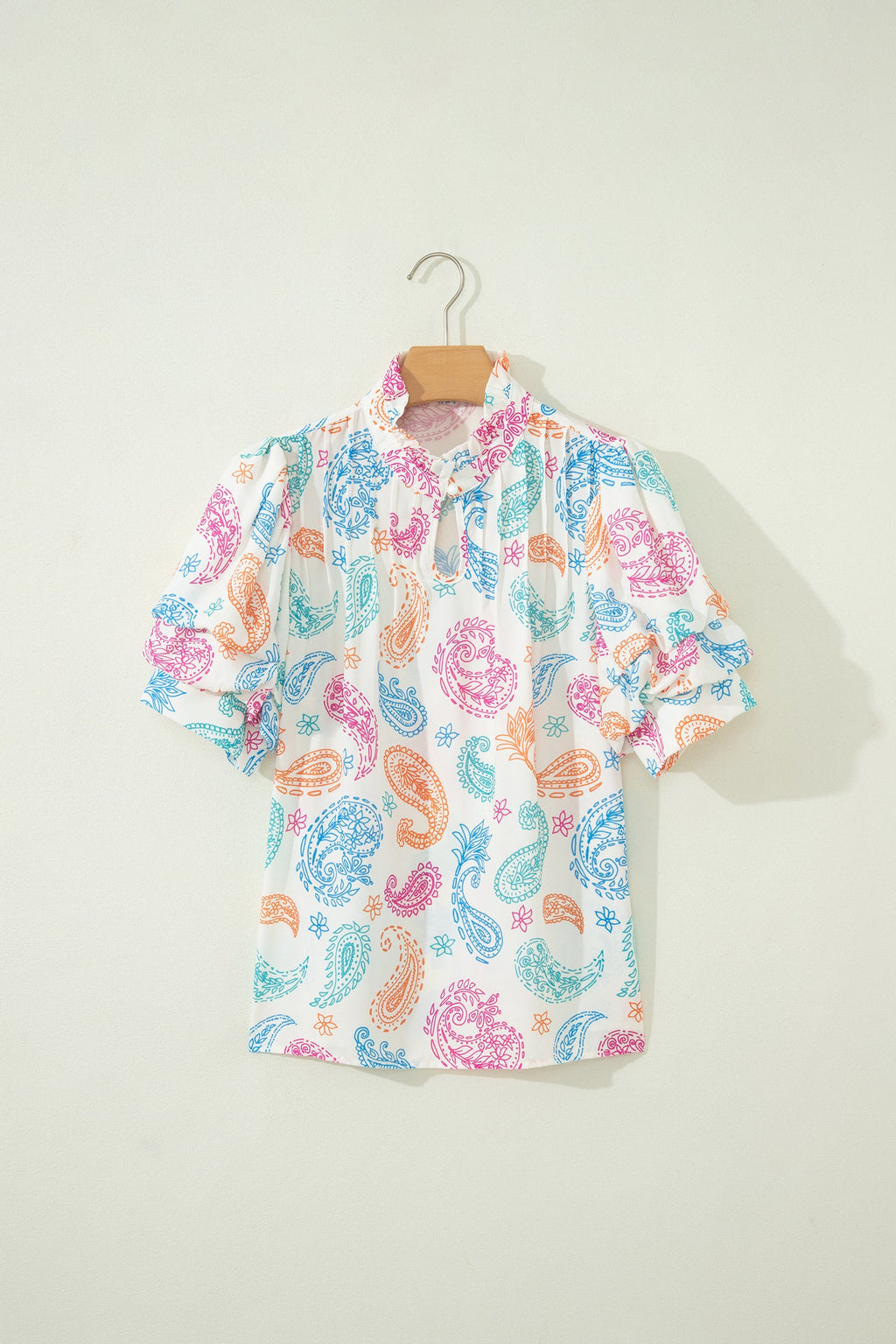 Paisley Button Keyhole Puff Sleeve Blouse
