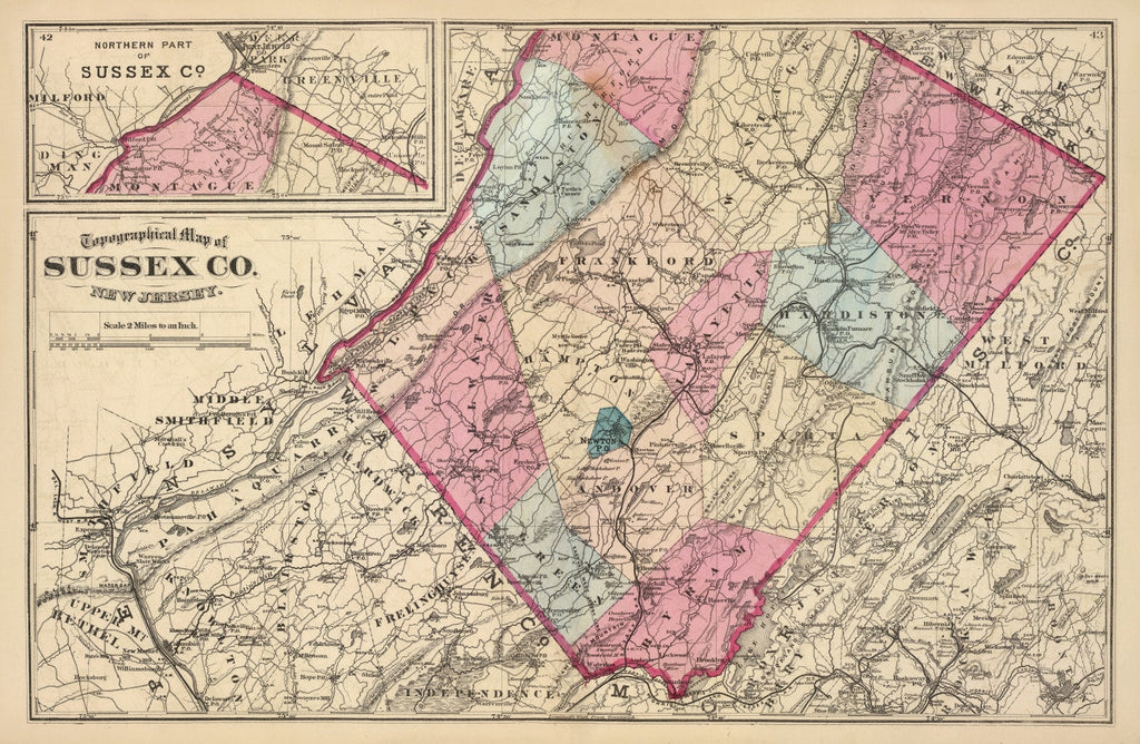 Vintage Map of Sussex County, New Jersey 1872