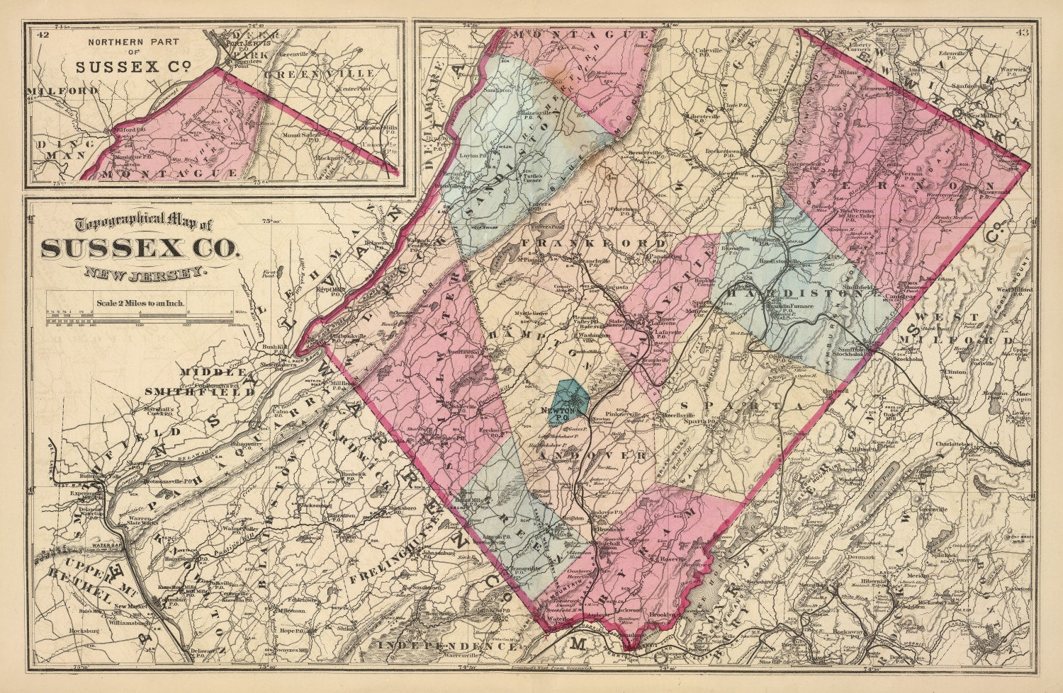 Vintage Map of Sussex County, New Jersey 1872
