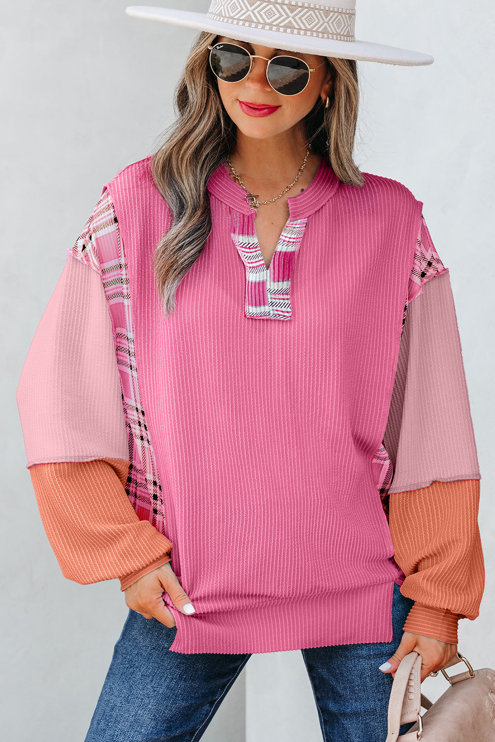Plaid Colorblock Corded Patchwork Long Sleeve Top