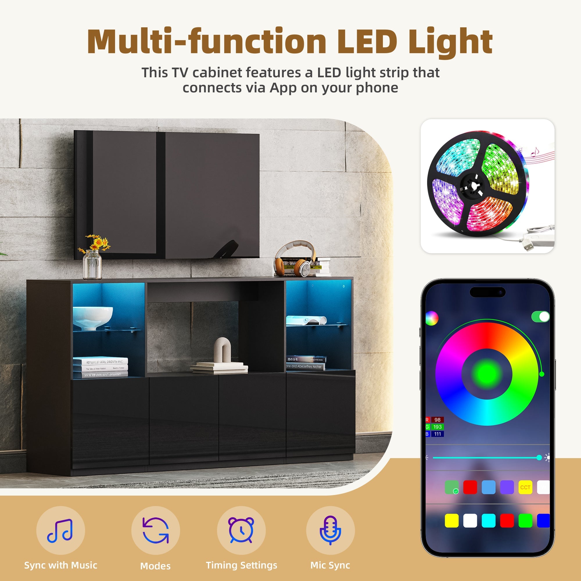 ON-TREND High Gloss TV Stand with LED Lights, Modern Sideboard with Large Storage Cabinet, Media Console with Tempered Glass Shelves for TVs up to 75', Living Room, Black, 67'Wx13.7'D