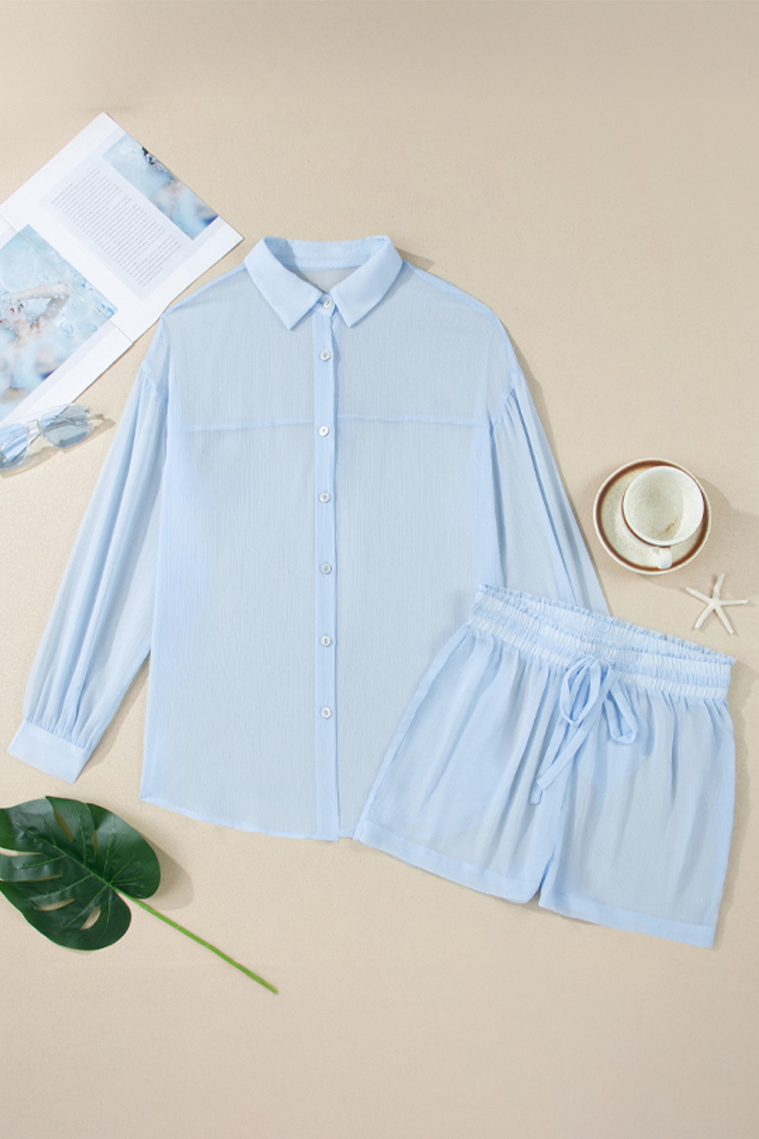 Sheer Tunic Shirt & Drawstring Shorts Cover-Up