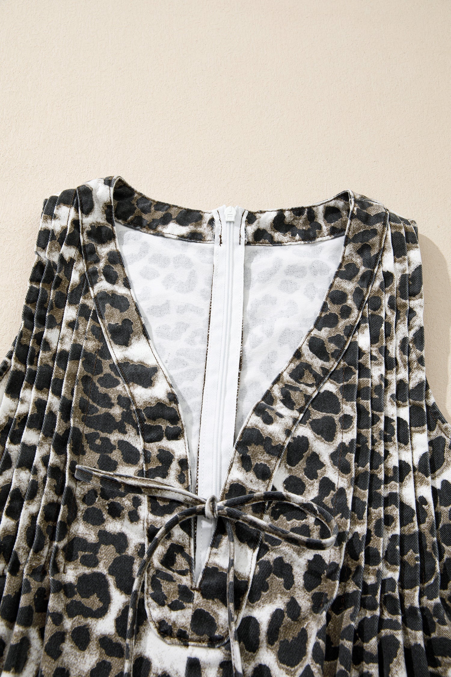 Leopard Denim Pleated Sleeveless Romper