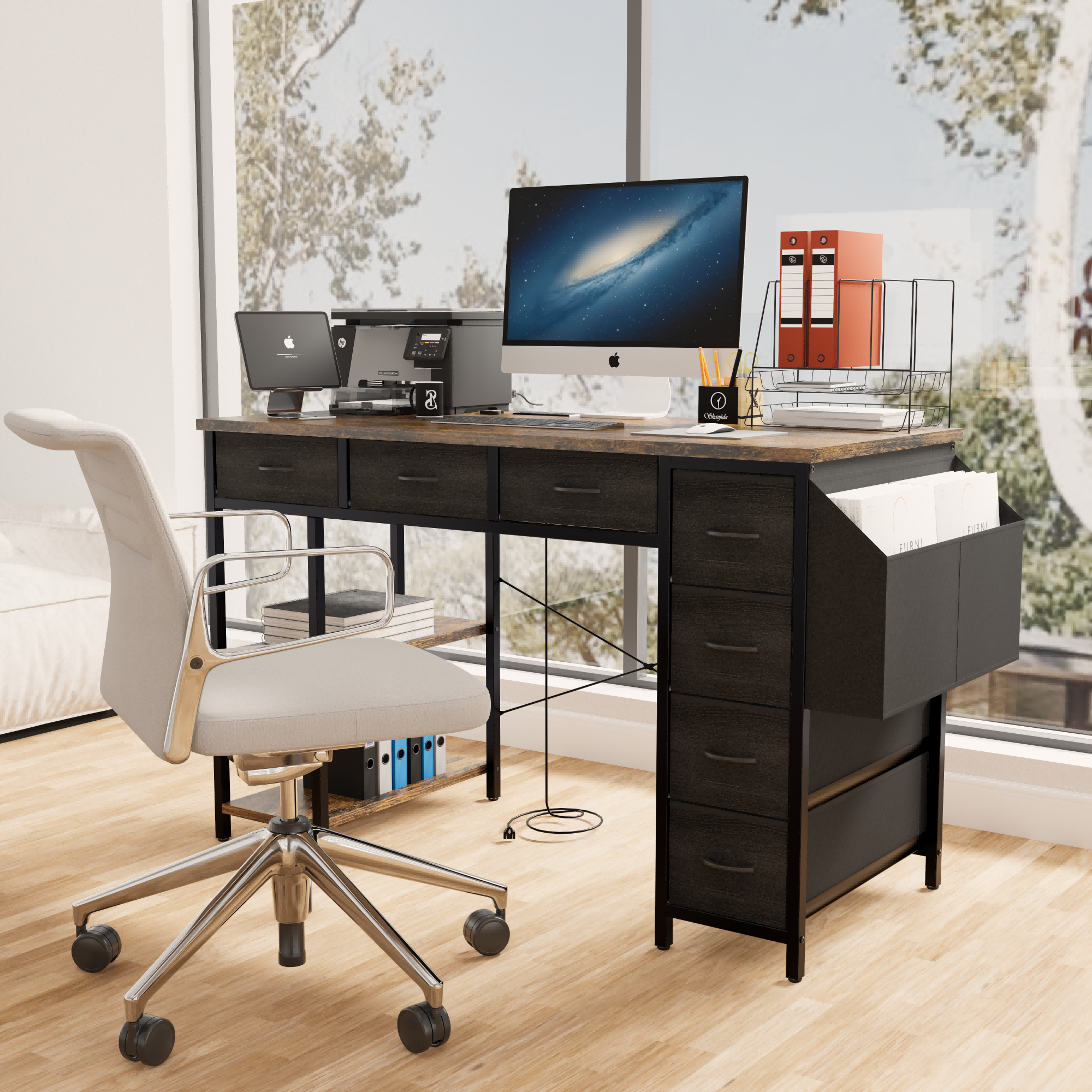 47' Computer Desk With Power Outlet,Writing Desk with 7 Fabric Drawers,Vanity table Drawers and Large Side Pocket,Rustic Brown