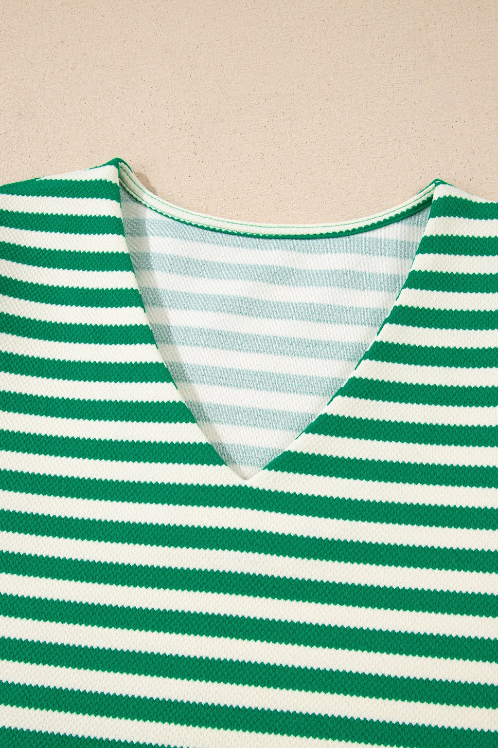 Stripe Patchwork Puff Short Sleeve V-Neck Blouse