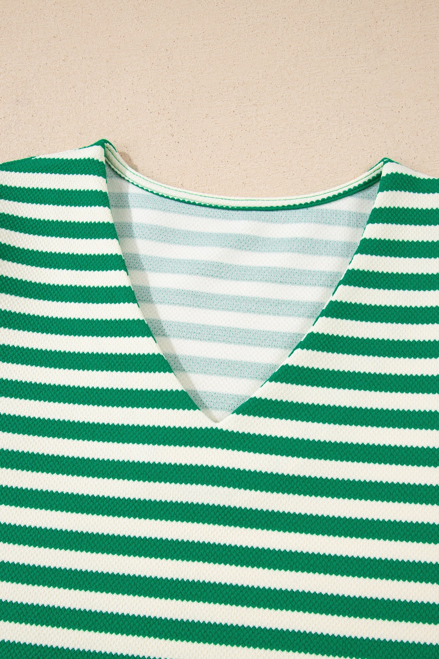 Stripe Patchwork Puff Short Sleeve V-Neck Blouse