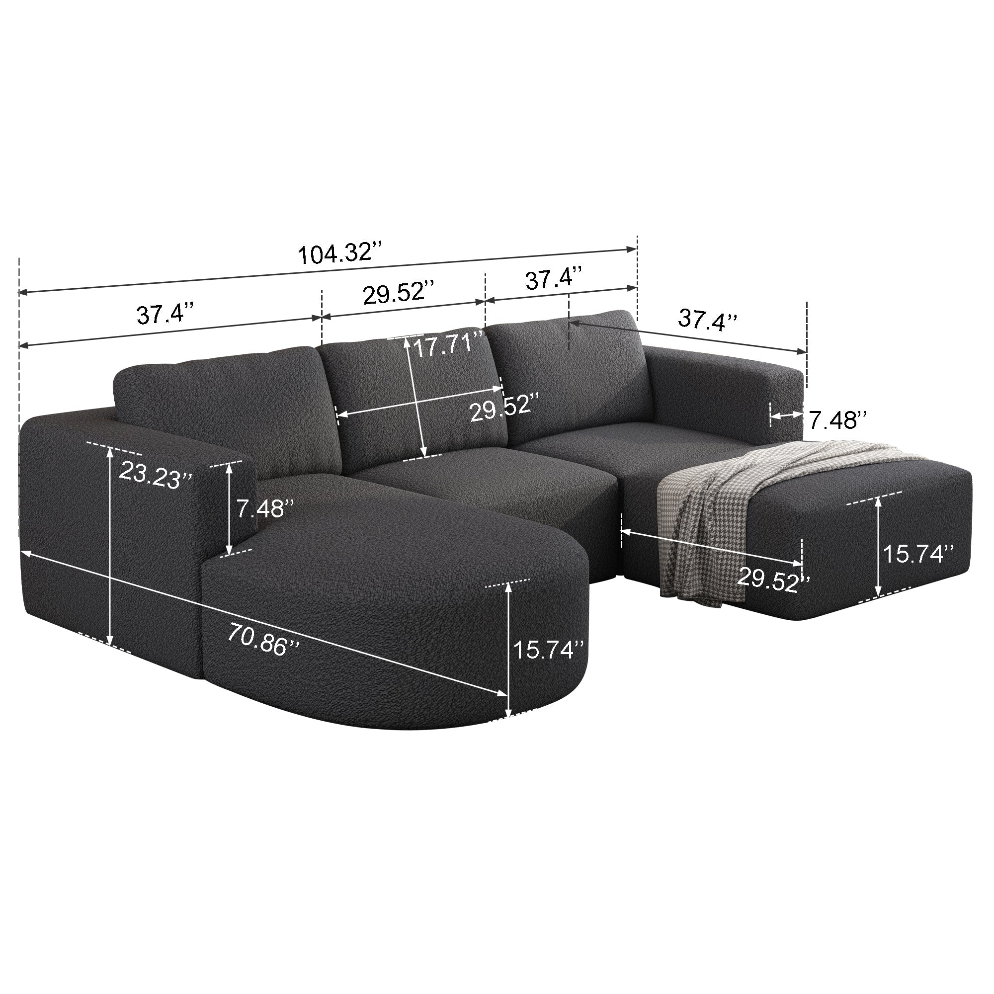 104.32*70.86 Modular Sectional Sofa Sleeper Couch, Sectional Sofa with Chaise and Ottoman, Convertible U Shaped Modular Sofa Set. Compressed sponge, Dark Grey (Combo A+B+C+D)