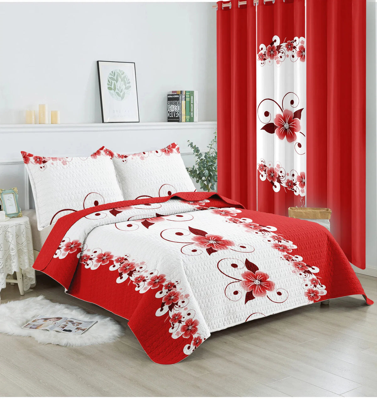 Red White Floral Duvet Cover & Curtain Set 9 Piece, Queen Size - Coordinated Bedding Bundle with Sheer Grommet Drapes, 2 Pillowcases & Matching Curtains, Machine Washable