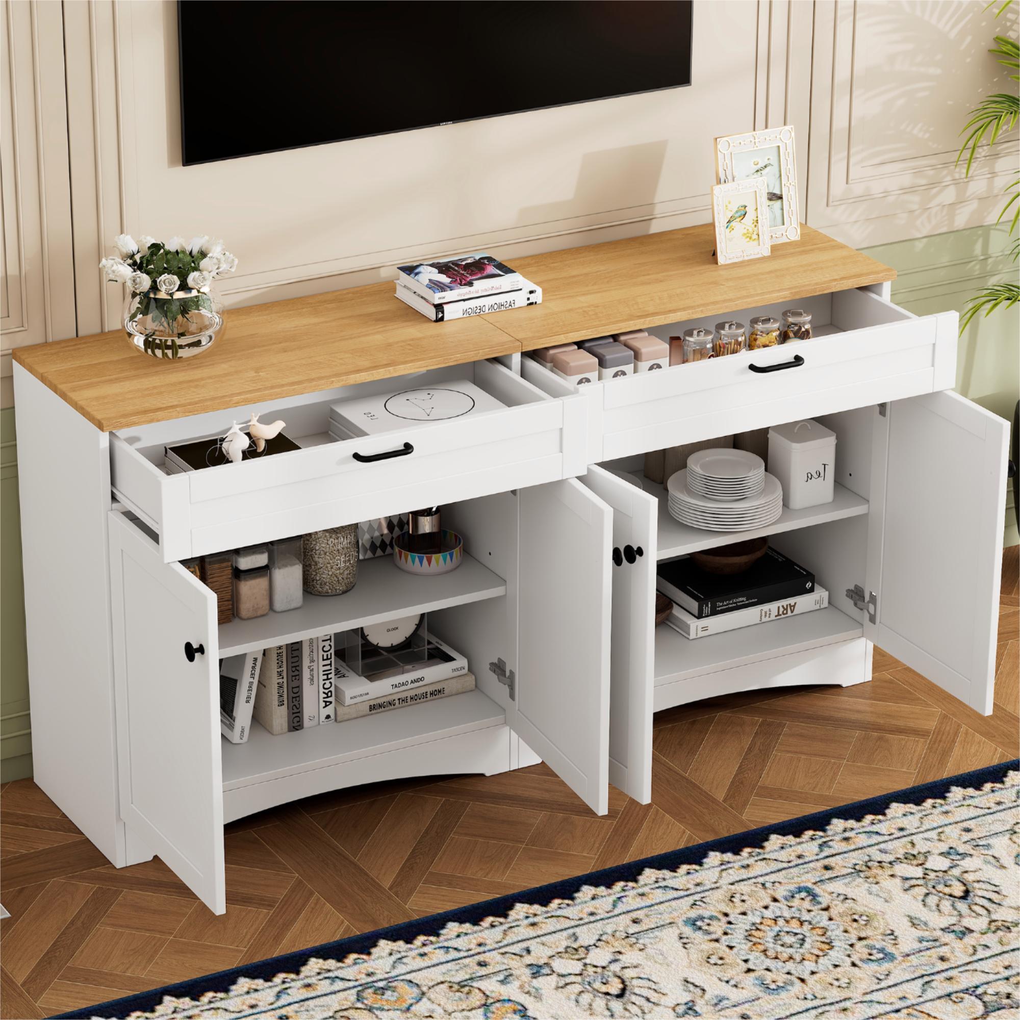 ON-TREND Farmhouse TV Stand with 2 Drawers for TVs Up to 70', Versatile Wood Grain Sideboard with Adjustable Shelves, Mid-Century Buffet Cabinet with Rustic Handles for Living Room/Bedroom, White