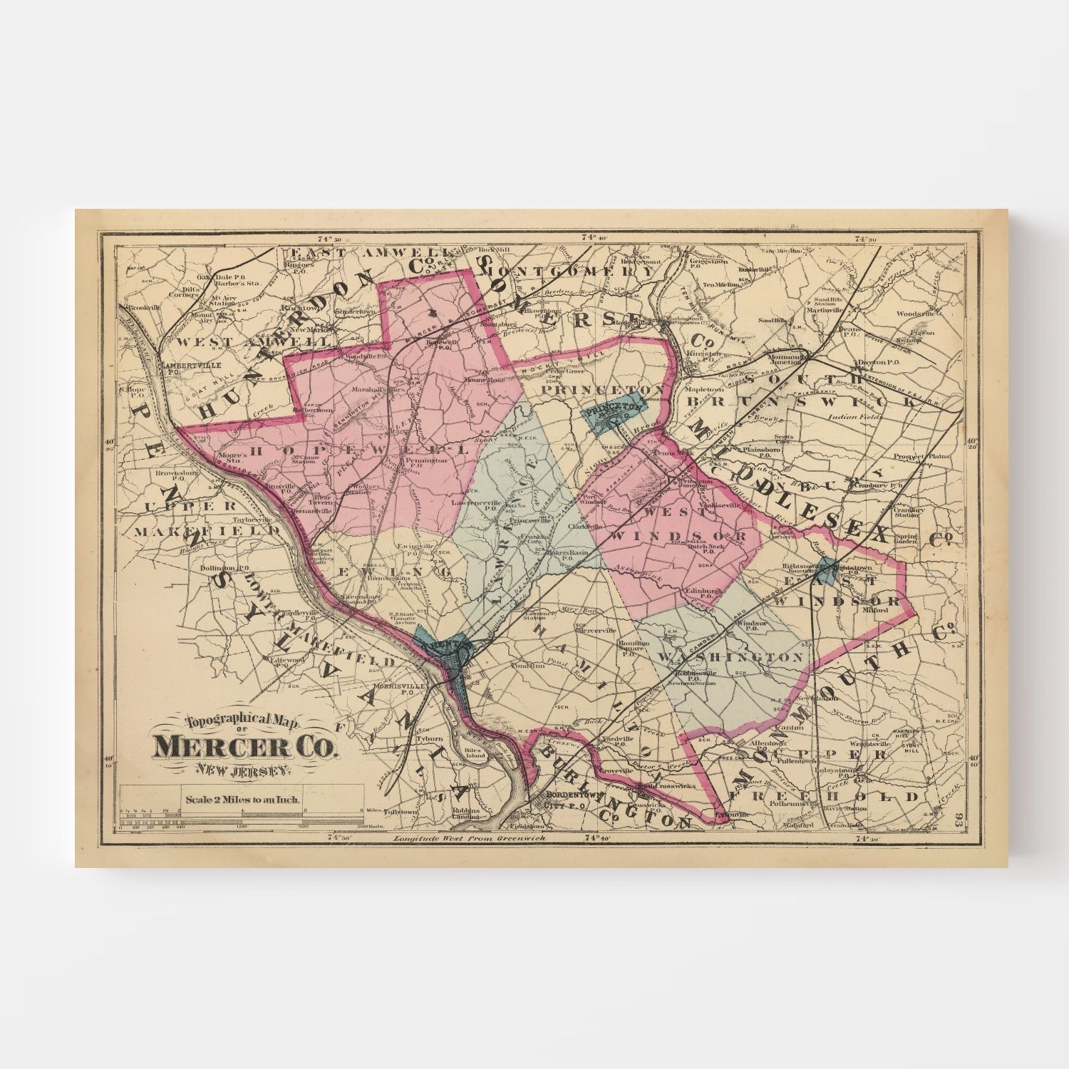 Vintage Map of Mercer County, New Jersey 1872