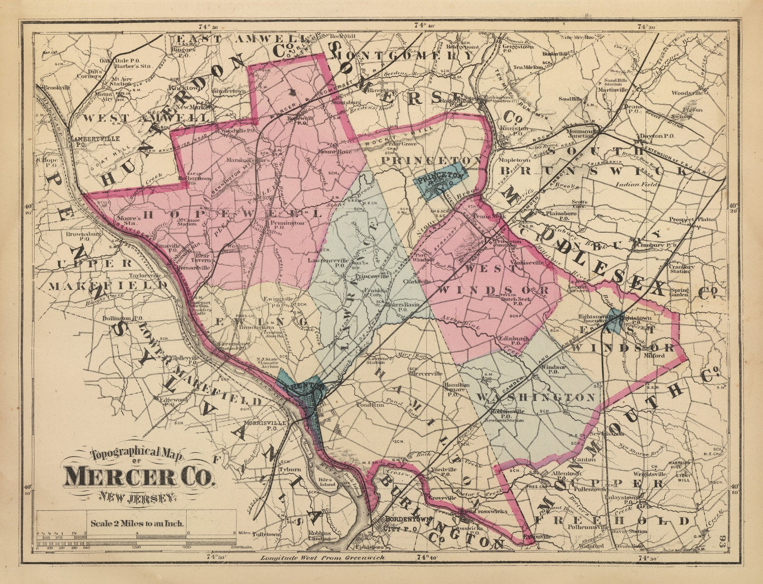 Vintage Map of Mercer County, New Jersey 1872
