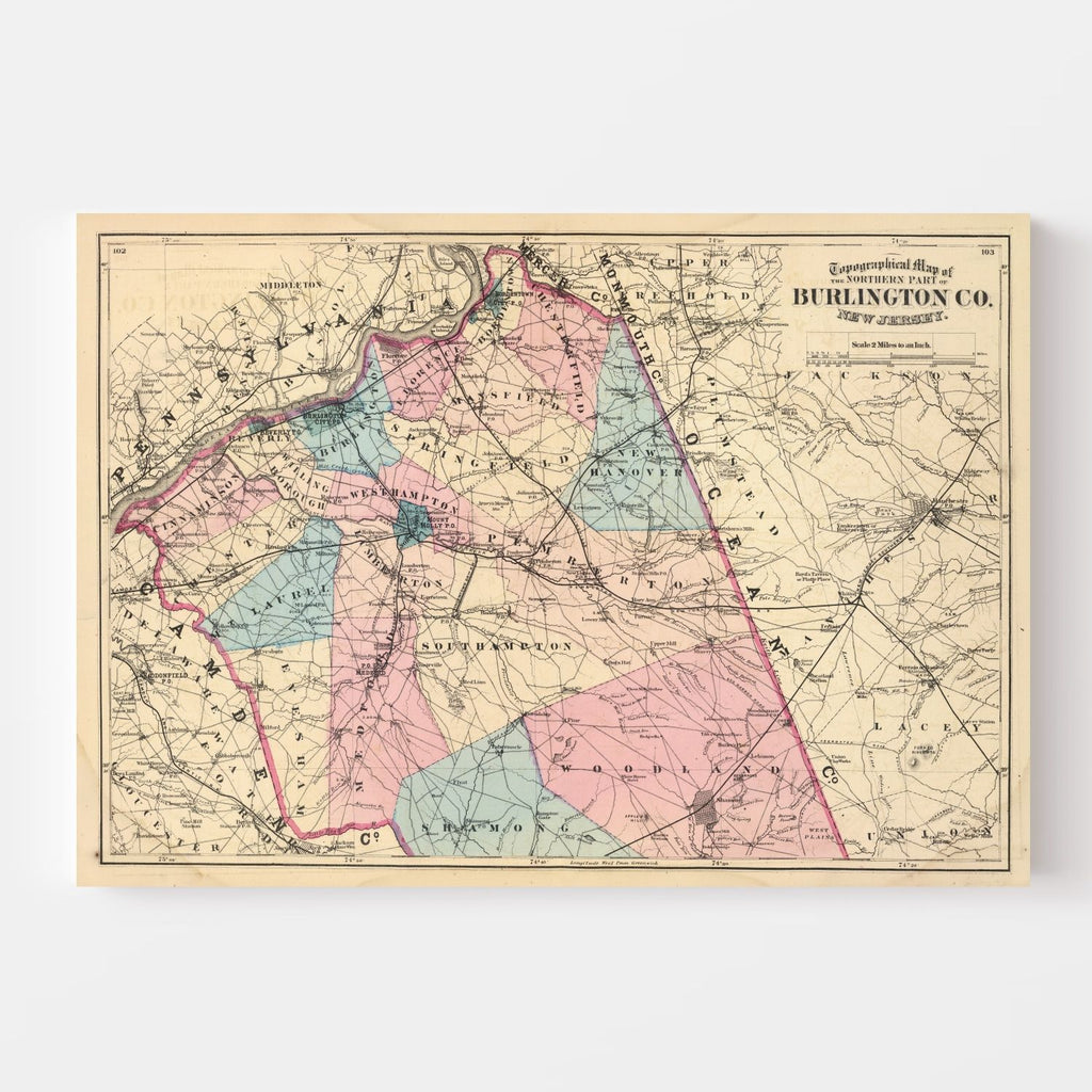 Vintage Map of Burlington County, New Jersey 1872