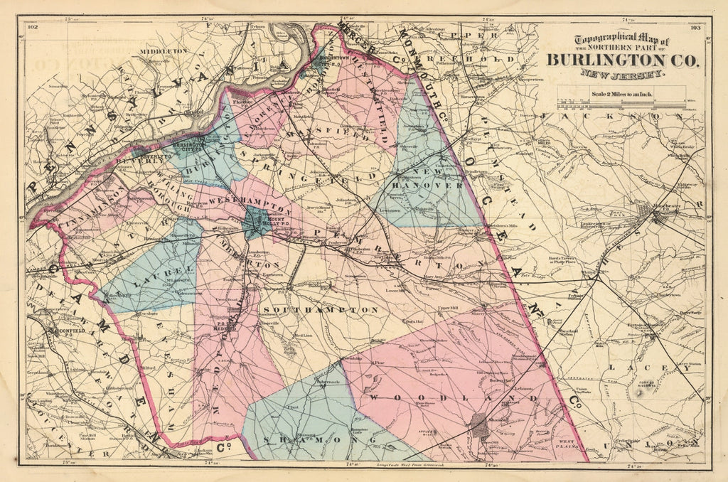 Vintage Map of Burlington County, New Jersey 1872