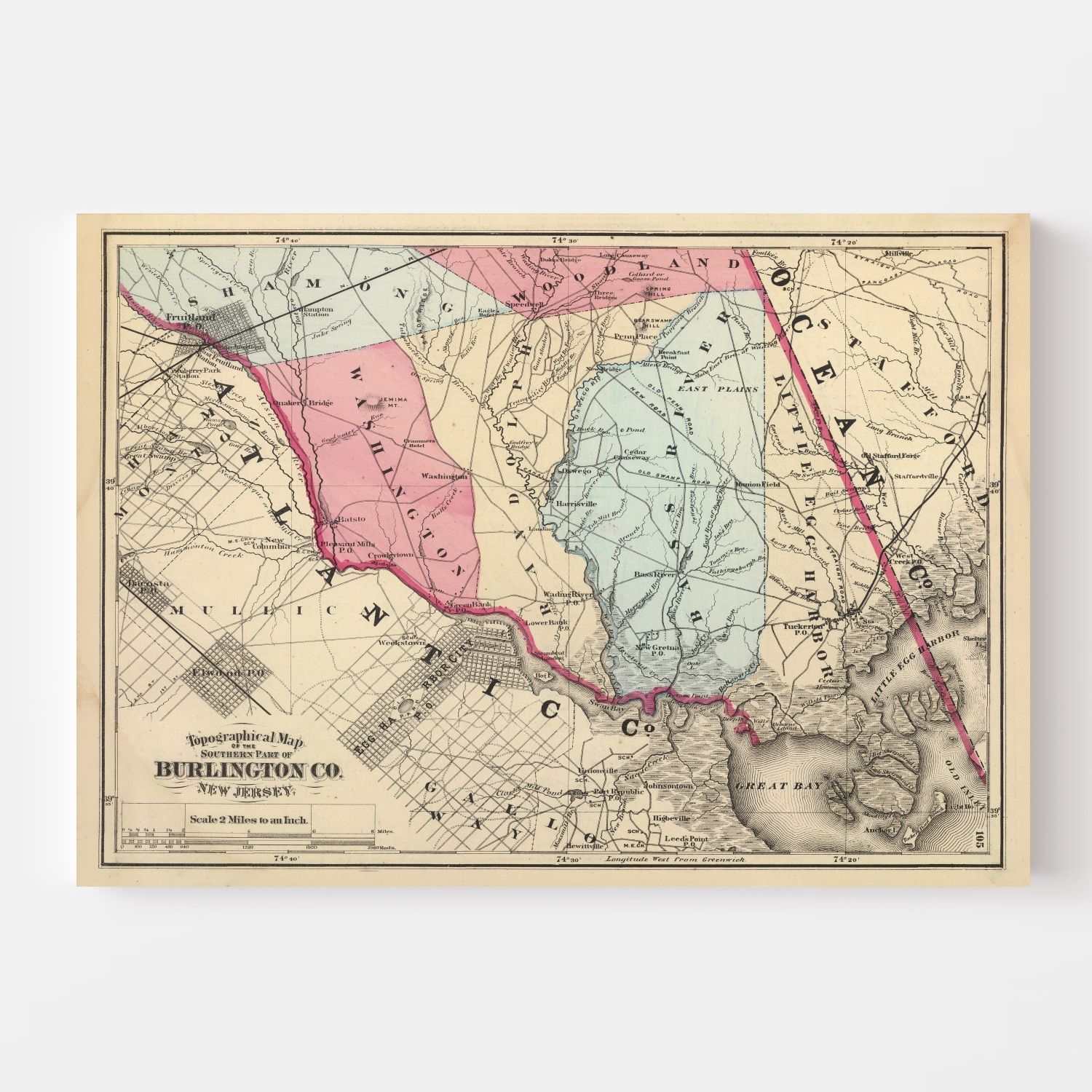 Vintage Map of Burlington County, New Jersey 1872