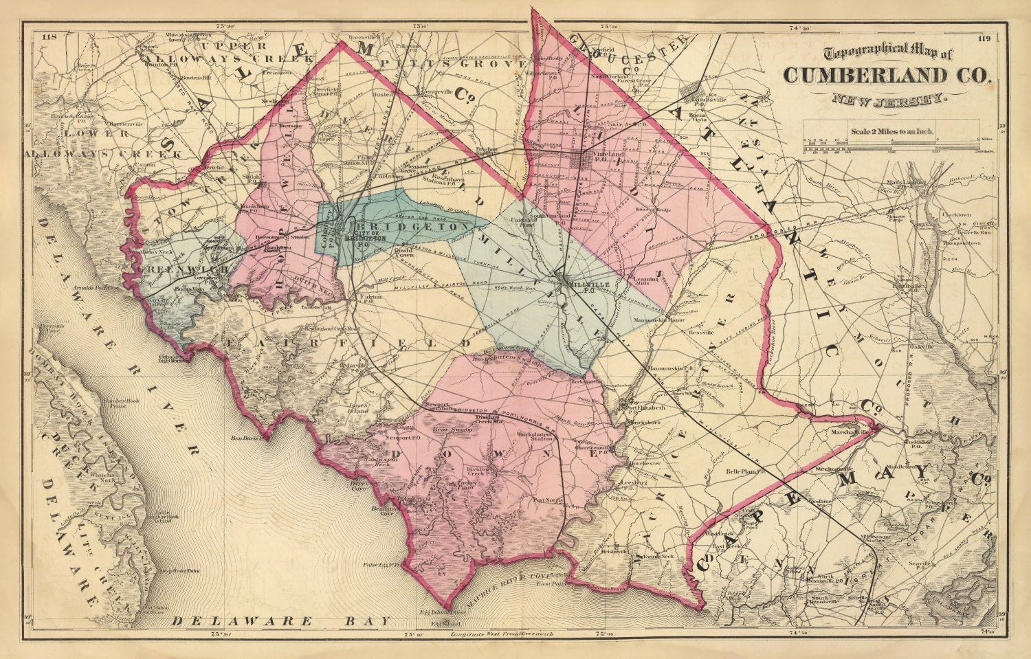 Vintage Map of Cumberland County, New Jersey 1872