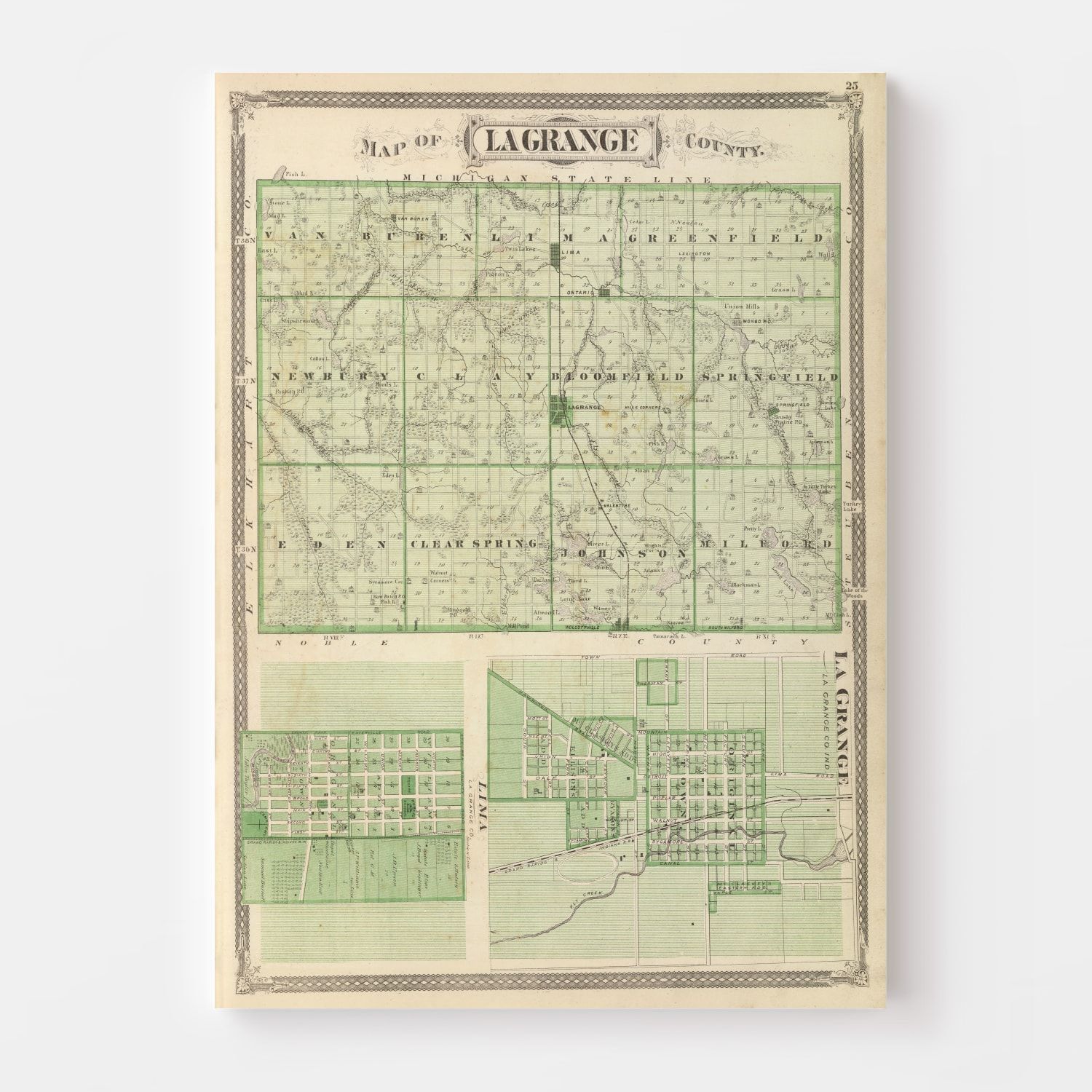 Vintage Map of Lagrange County, Indiana 1876