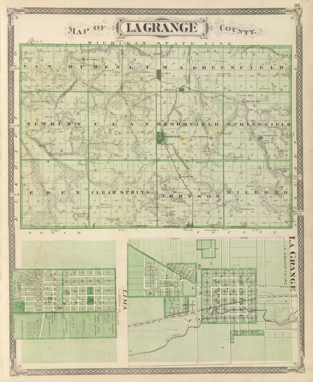 Vintage Map of Lagrange County, Indiana 1876