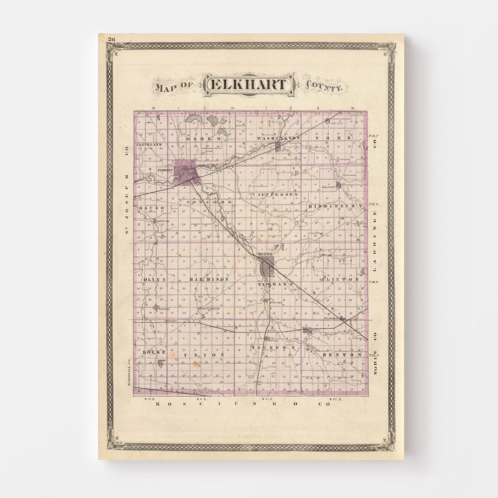 Vintage Map of Elkhart County, Indiana 1876