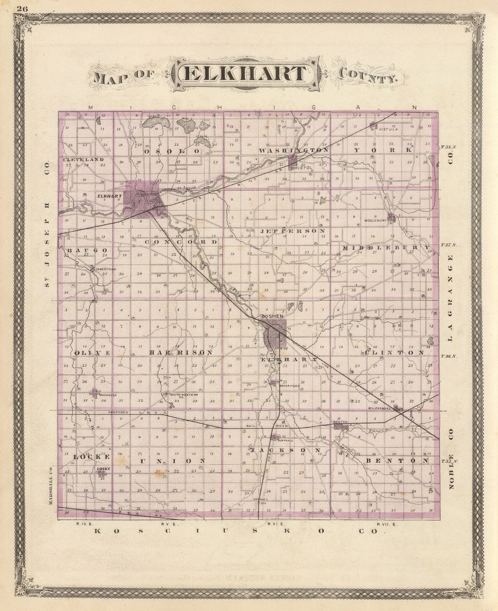 Vintage Map of Elkhart County, Indiana 1876