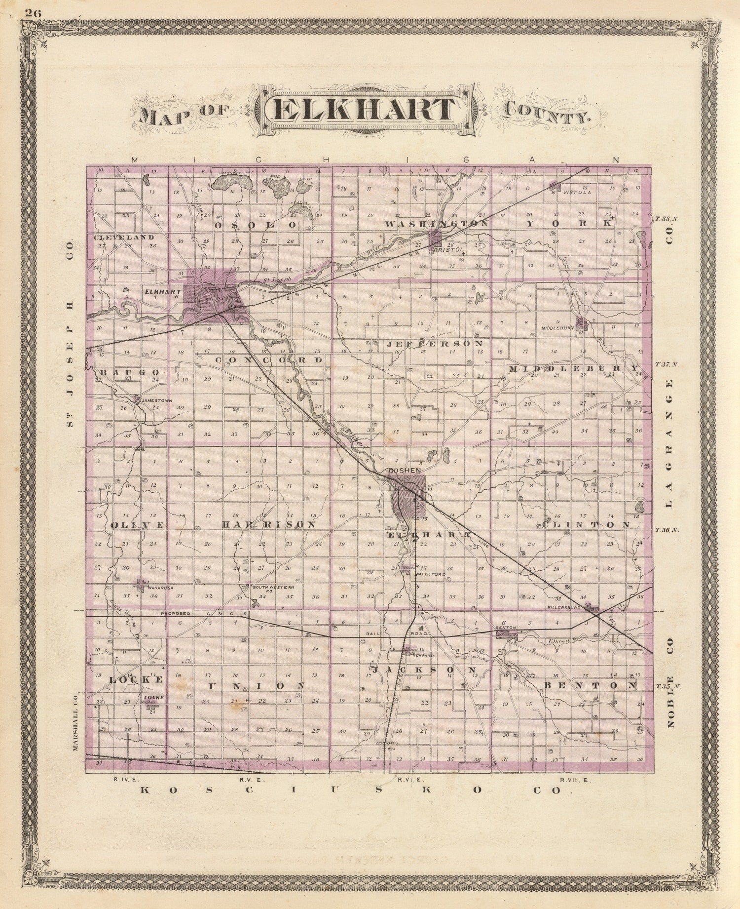 Vintage Map of Elkhart County, Indiana 1876