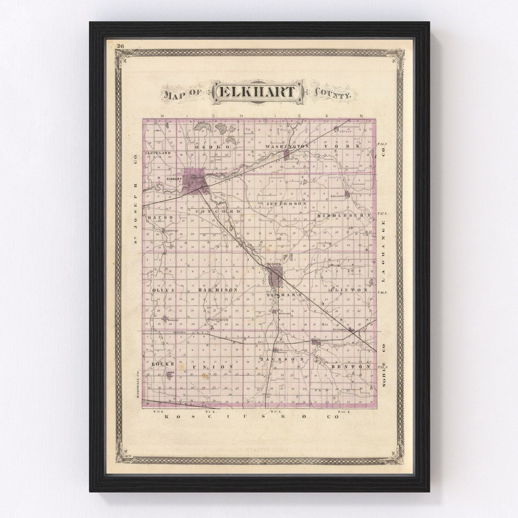 Vintage Map of Elkhart County, Indiana 1876