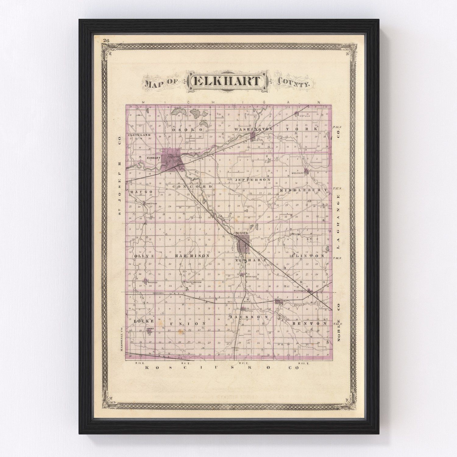 Vintage Map of Elkhart County, Indiana 1876
