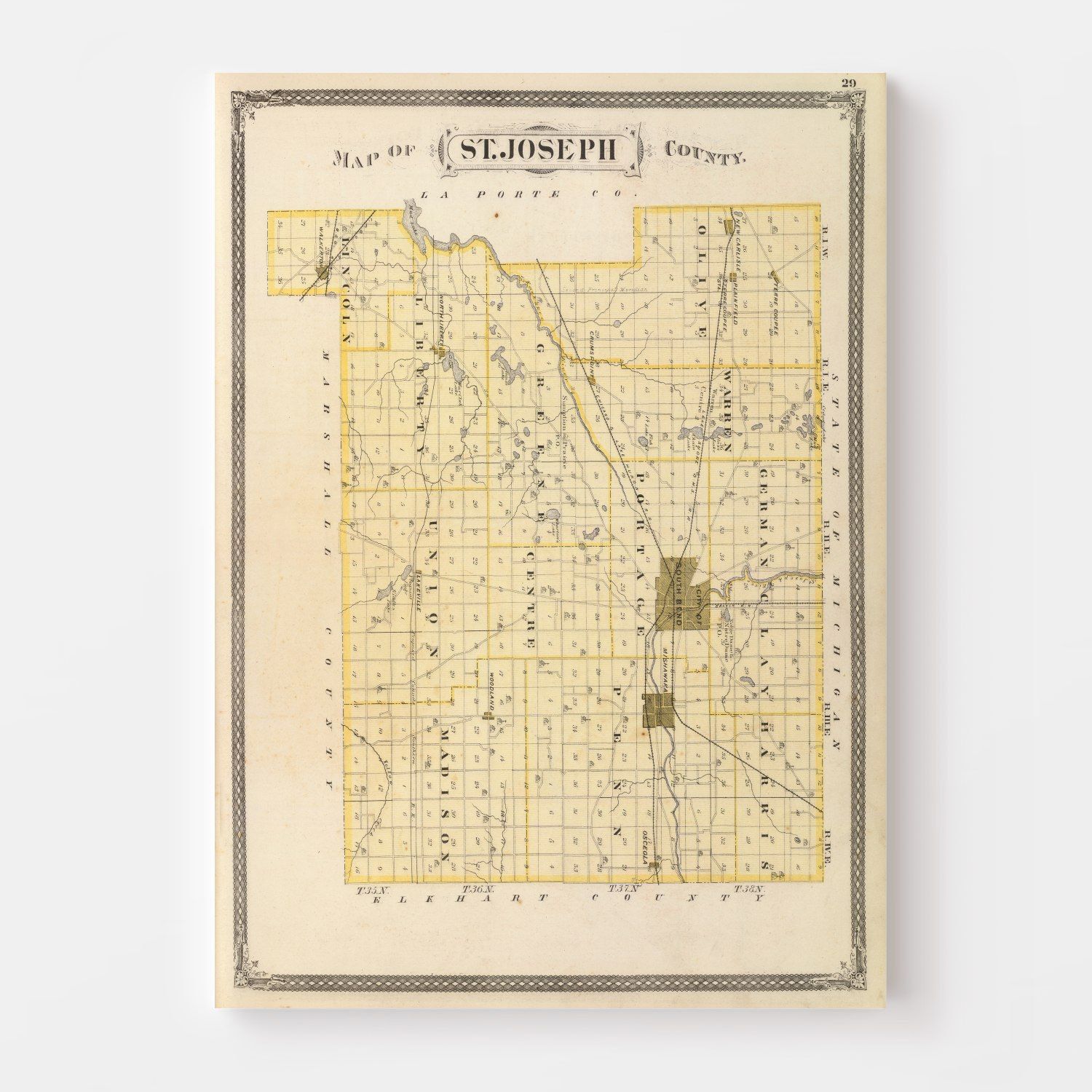 Vintage Map of St. Joseph County, Indiana 1876