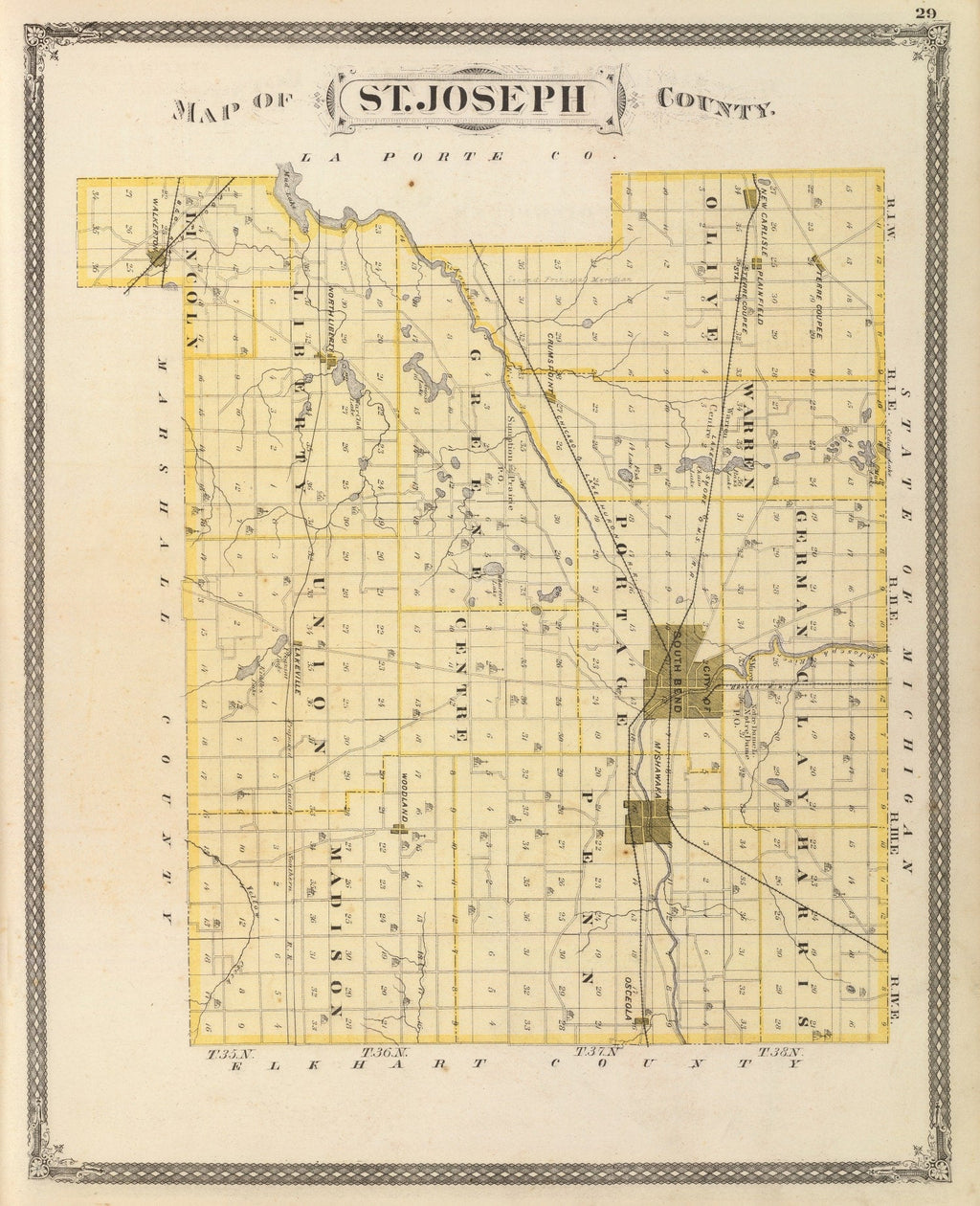 Vintage Map of St. Joseph County, Indiana 1876