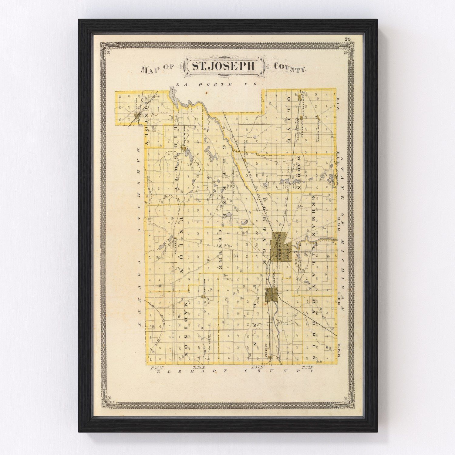 Vintage Map of St. Joseph County, Indiana 1876