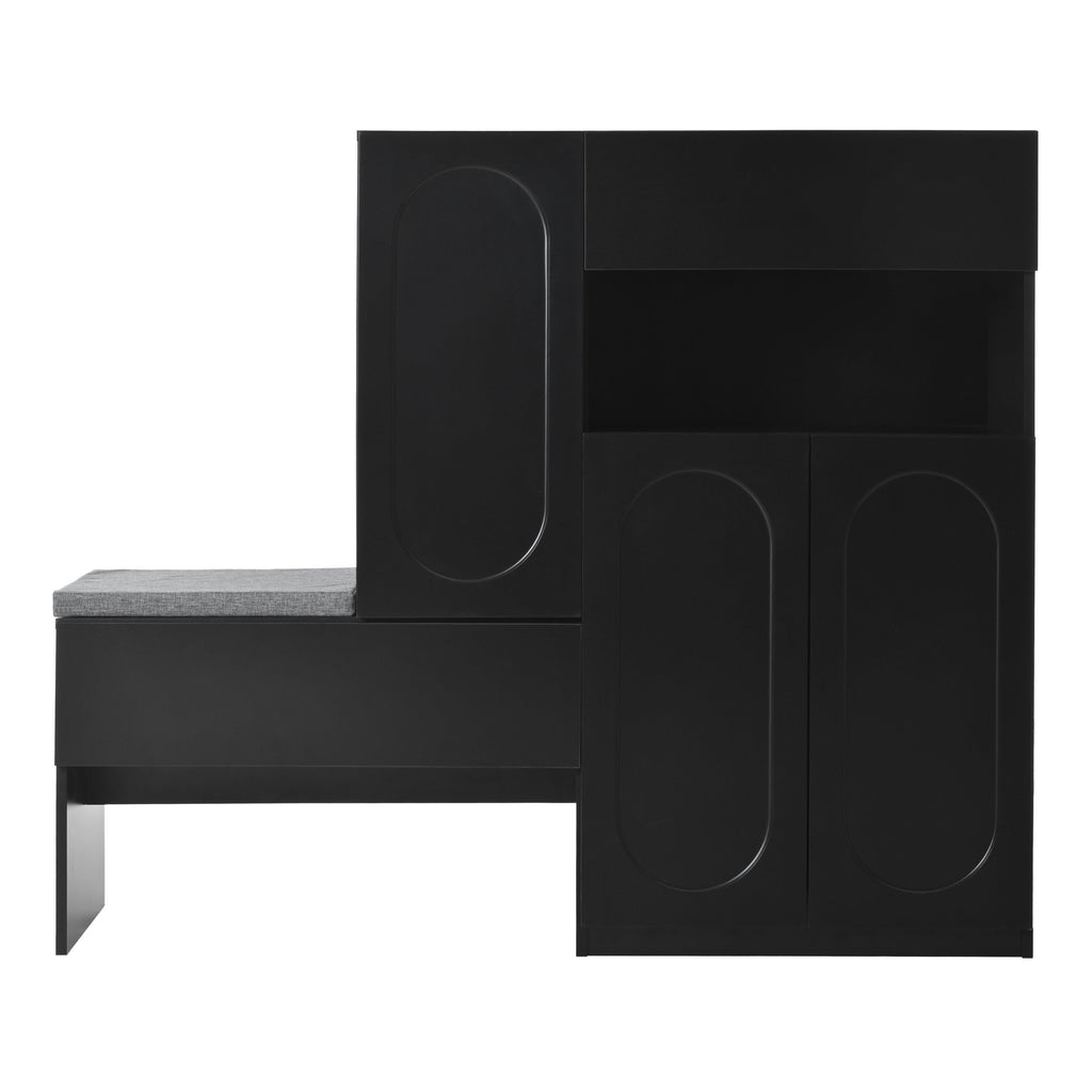 Elegant 2-in-1 Shoe Cabinets with Soft Cushion , Modern Narrow Storage Bench with Arched Doors & Rebound Devices, Versatile Shoe Rack Organizer with Adjustable Shelves for Hallway, Living Room, Black