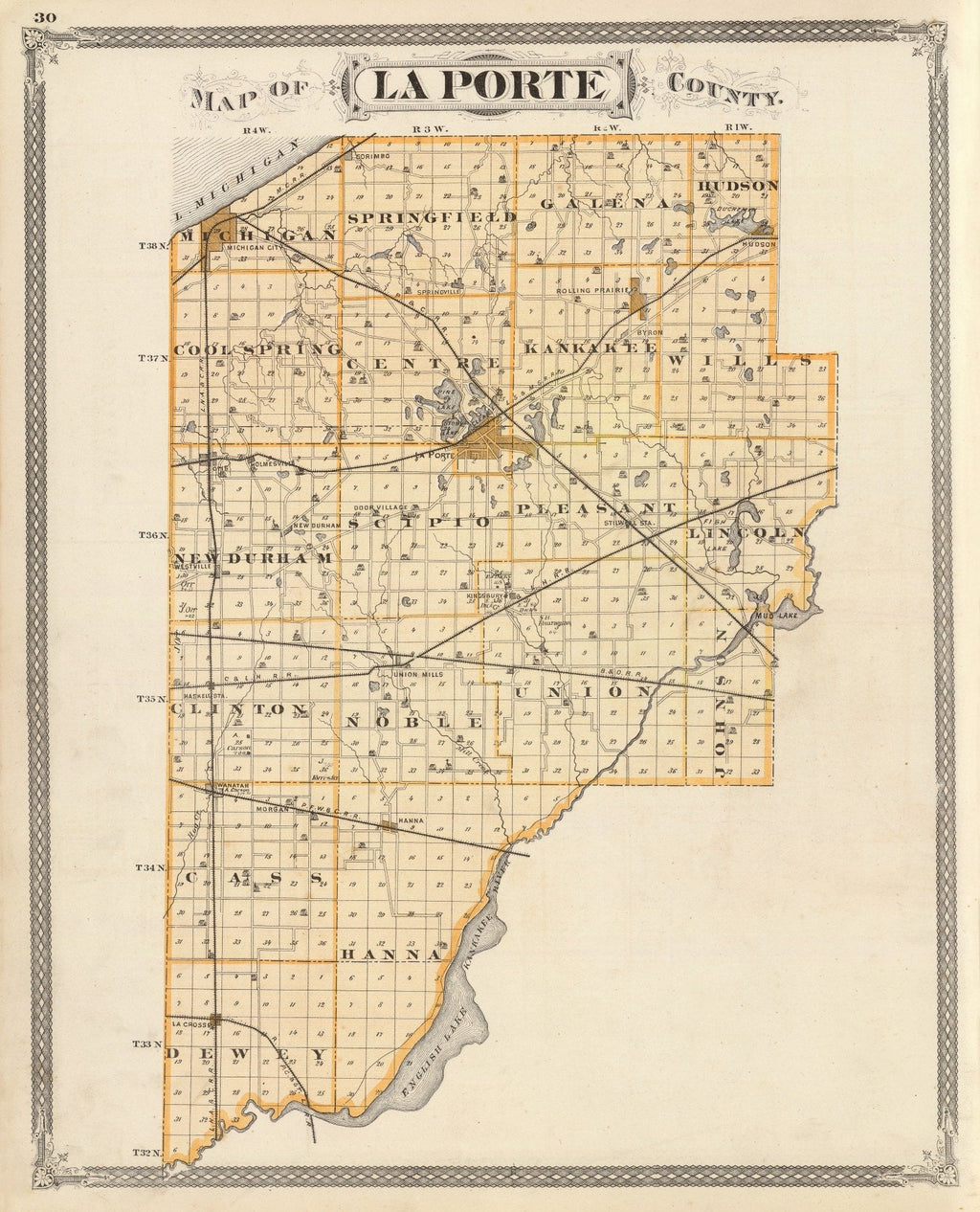 Vintage Map of La Porte County, Indiana 1876