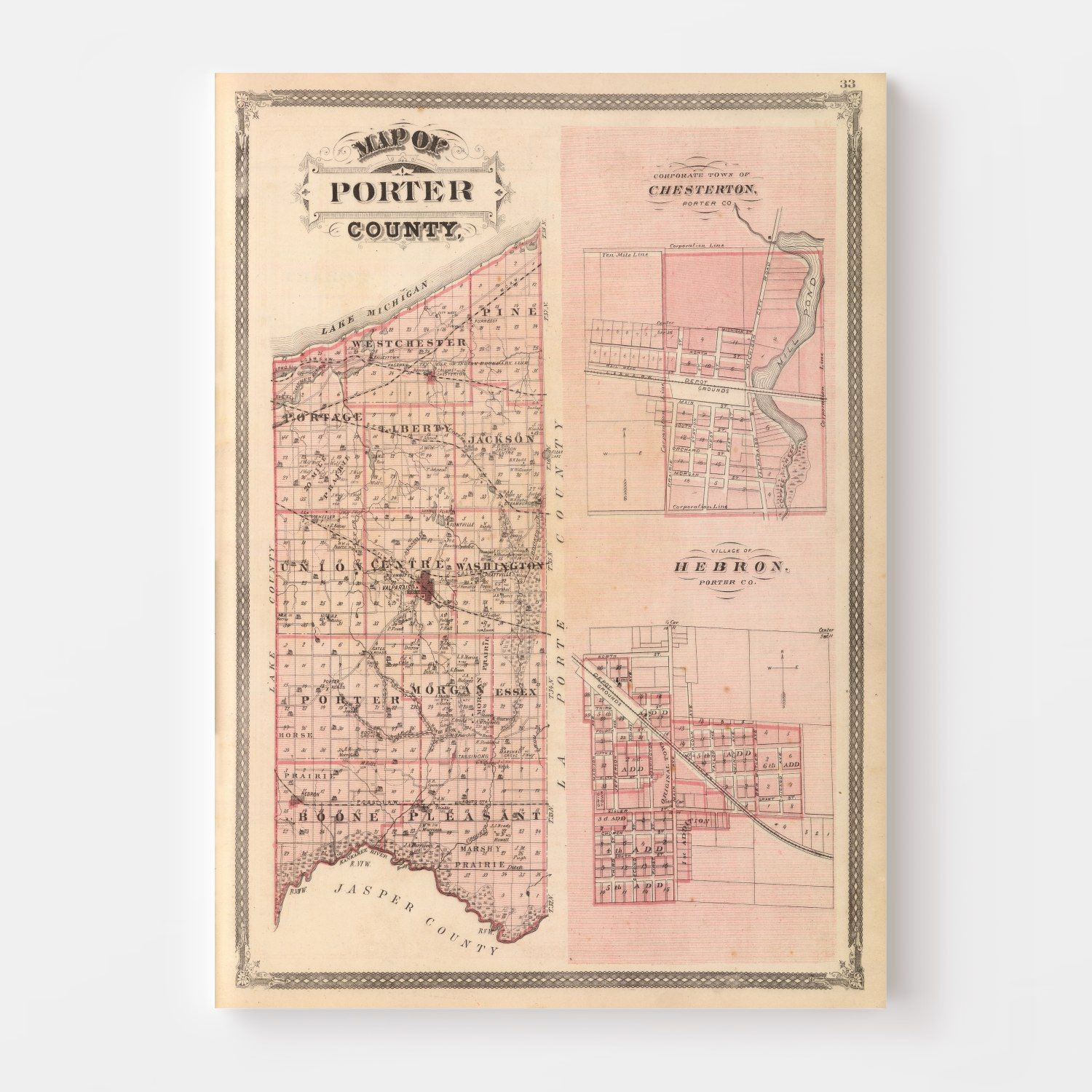Vintage Map of Porter County, Indiana 1876
