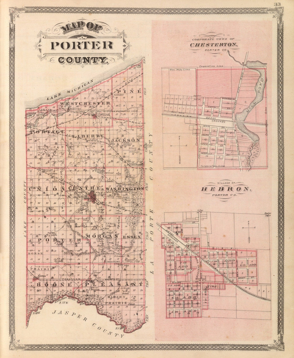 Vintage Map of Porter County, Indiana 1876