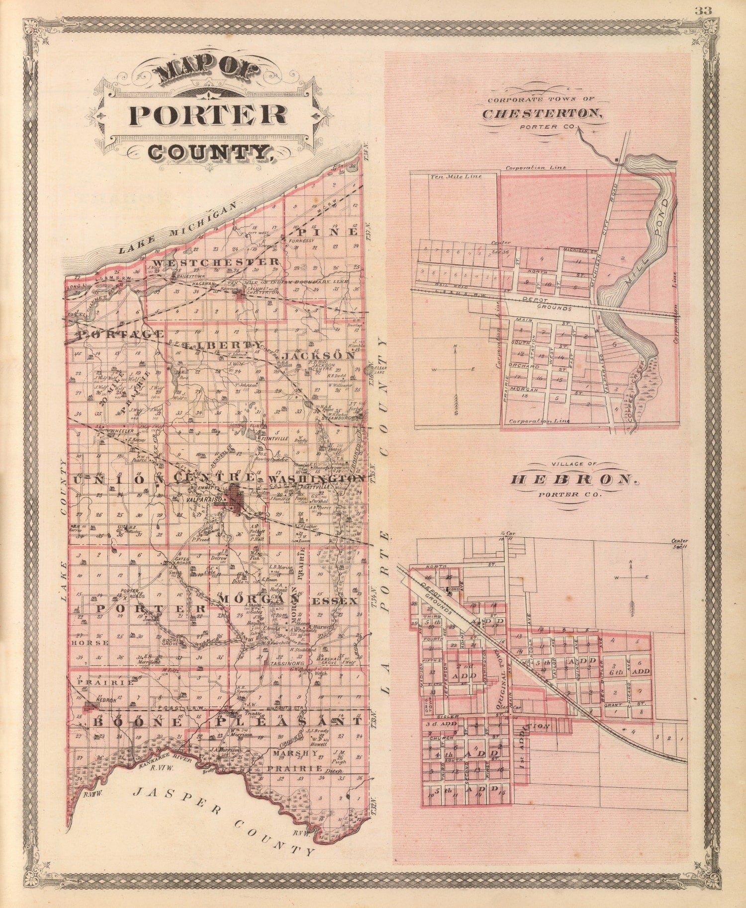 Vintage Map of Porter County, Indiana 1876