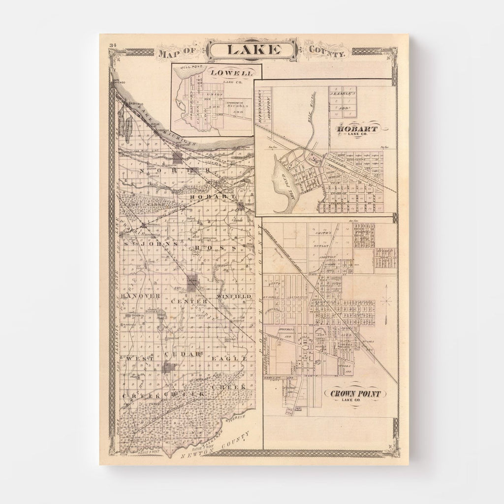 Vintage Map of Lake County, Indiana 1876