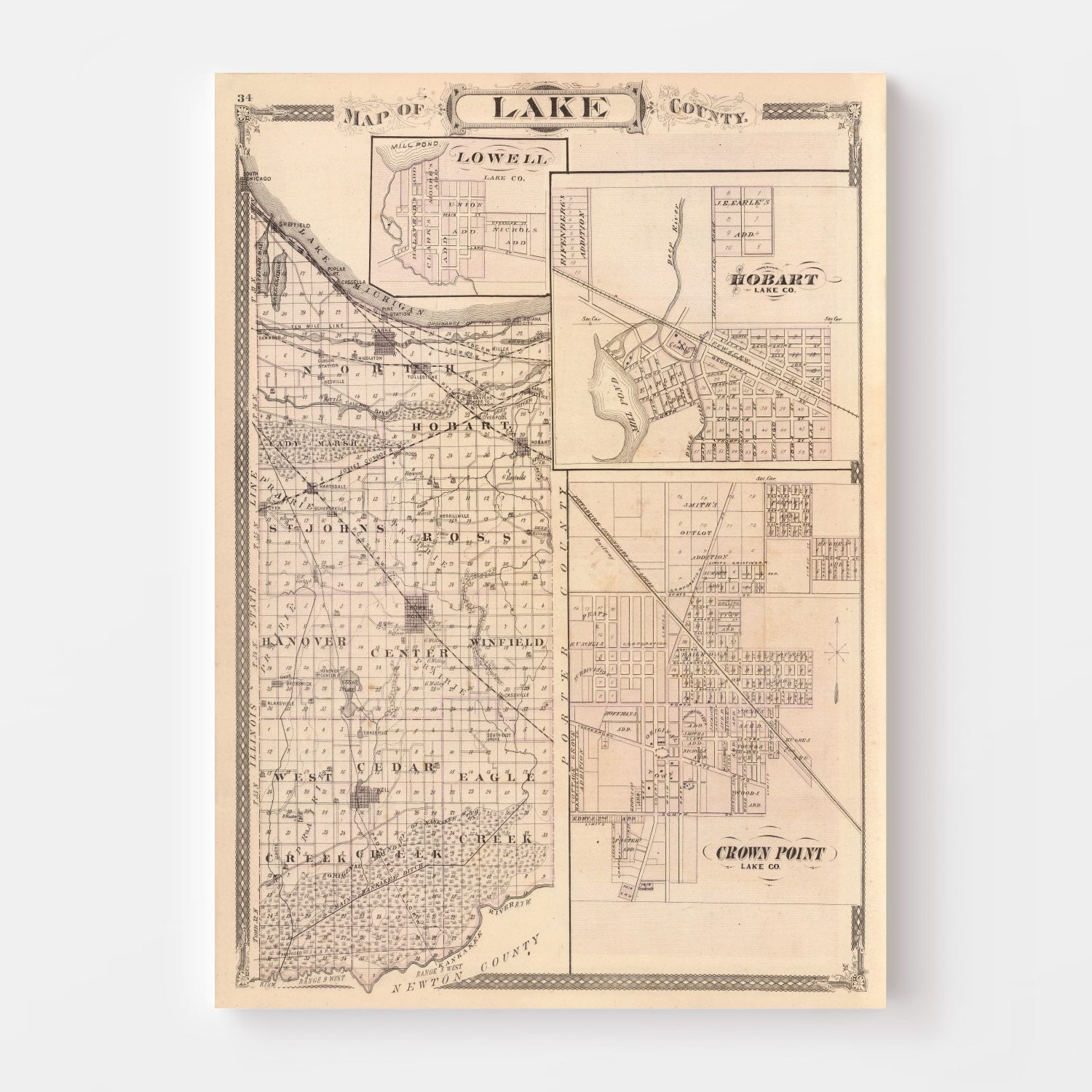 Vintage Map of Lake County, Indiana 1876