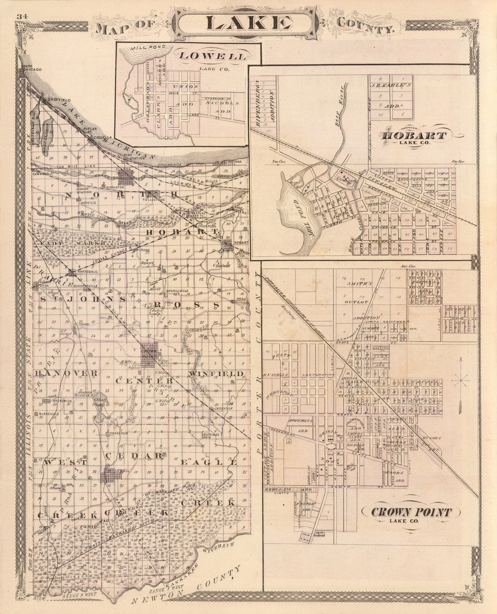 Vintage Map of Lake County, Indiana 1876