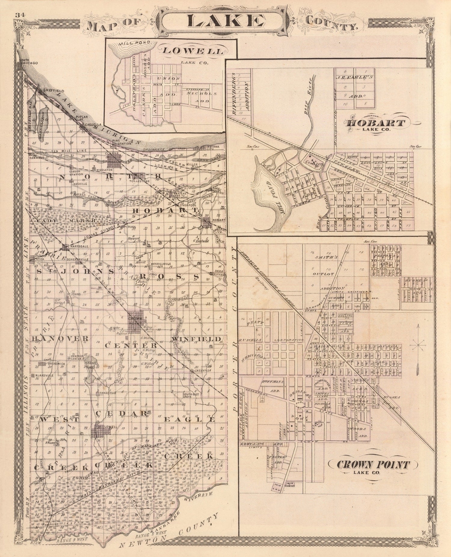 Vintage Map of Lake County, Indiana 1876